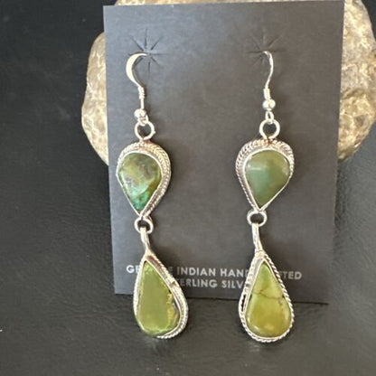 Navajo Green Royston Turquoise Dangle Earrings | Sterling Silver | Authentic Native American Handmade | 16490 - Masha USA