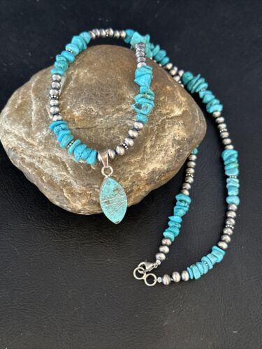 Navajo Kingman Turquoise Pendant Necklace | Sterling Silver | 22" | Authentic Native American Handmade | 14835