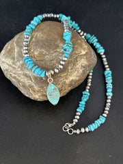 Navajo Kingman Turquoise Pendant Necklace | Sterling Silver | 22" | Authentic Native American Handmade | 14835