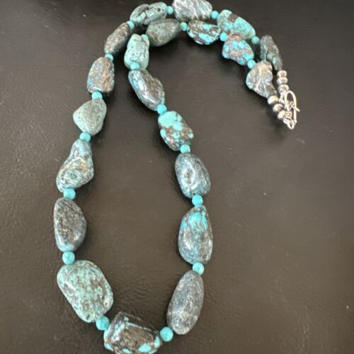 Navajo Blue Nugget Turquoise Bead Necklace | Sterling Silver Pearls | 20" | Authentic Native American Handmade | 16002