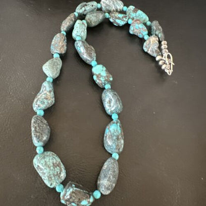 Navajo Blue Nugget Turquoise Bead Necklace | Sterling Silver Pearls | 20" | Authentic Native American Handmade | 16002