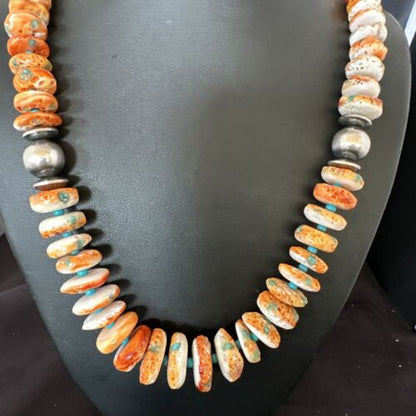 Navajo Blue Turquoise & Spiny Oyster Graduated Necklace | Sterling Silver | Authentic Native American | 24" | 16263 - Masha USA