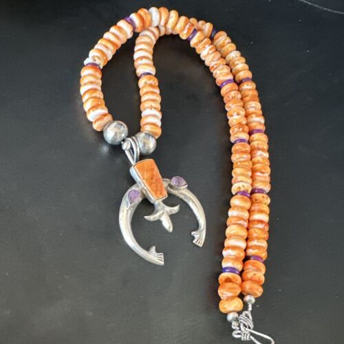 Men's Orange Spiny Oyster Sugilite Naja Pendant Necklace | Navajo Sterling Silver | 22" | Authentic Native American Handmade | 15226