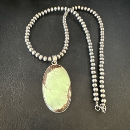 Navajo Green Gaspeite Pendant Necklace | Sterling Silver | Authentic Native American Handmade | 15485