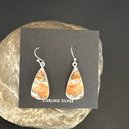 Navajo Blue Turquoise & Orange Spiny Oyster Inlay Dangle Earrings | Sterling Silver | Native American Handmade | 15581