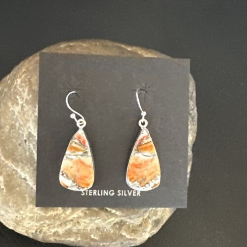 Navajo Blue Turquoise & Orange Spiny Oyster Inlay Dangle Earrings | Sterling Silver | Native American Handmade | 15581