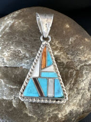 Navajo Blue Turquoise Spiny Mother of Pearl Inlay Pendant | Sterling Silver | Authentic Native American Handmade | 15195