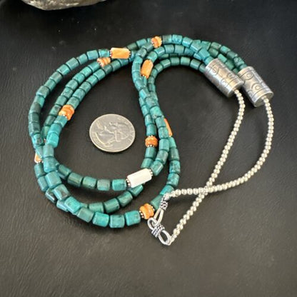 Navajo Blue Turquoise Spiny Oyster Necklace | Sterling Silver | Authentic Native American Handmade | 17535