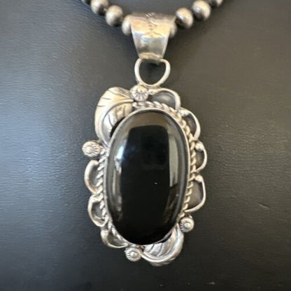 Navajo Pearls Black Onyx Necklace Pendant | Sterling Silver | Authentic Native American Handmade | 16531