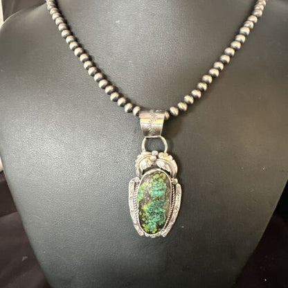 Navajo Blue Spiderweb Turquoise Pendant Necklace | Sterling Silver Pearls | Authentic Native American Handmade | 15094