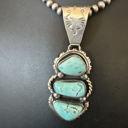 Navajo Blue Kingman Turquoise 3-Stone Cluster Pendant | Sterling Silver | Authentic Native American Handmade | 17631