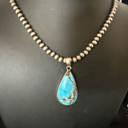 Navajo Blue Spiderweb Turquoise Pendant Necklace | Sterling Silver | Authentic Native American Handmade | 17029