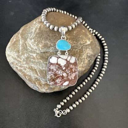 Men's Wild Horse & Blue Kingman Turquoise Necklace | Sterling Silver SW Pendant | 17320