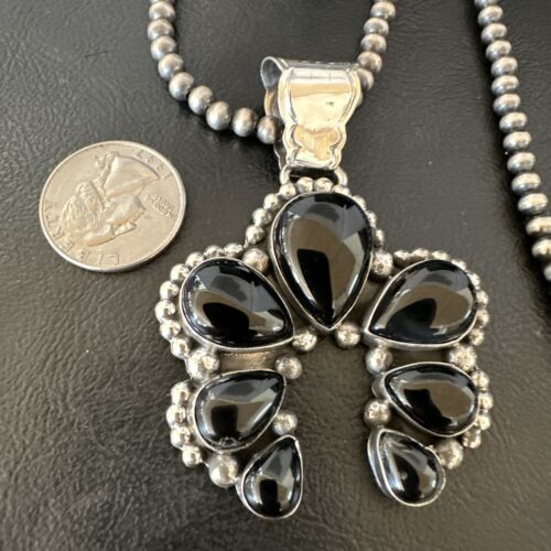 Navajo Men's Black Onyx Naja Pendant Necklace | Sterling Silver | 16103