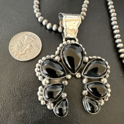 Navajo Men's Black Onyx Naja Pendant Necklace | Sterling Silver | 16103