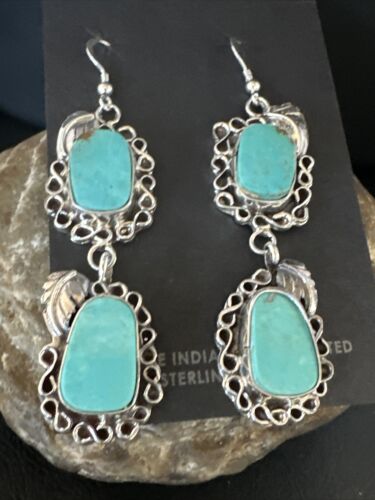 Navajo Blue Kingman Turquoise Dangle Earrings | Sterling Silver | Authentic Native American Handmade | 15188
