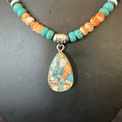 Navajo Spiny Turquoise Pendant Necklace | Sterling Silver | 22" | Authentic Native American Handmade | 17413