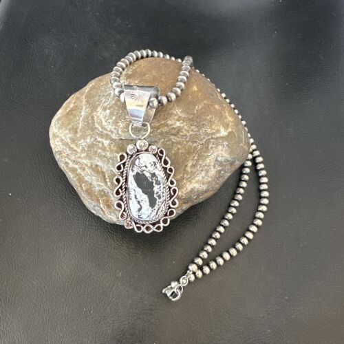 Men's White Buffalo Turquoise Pendant | Navajo Pearl Sterling Silver Necklace | Authentic Native American | 17038