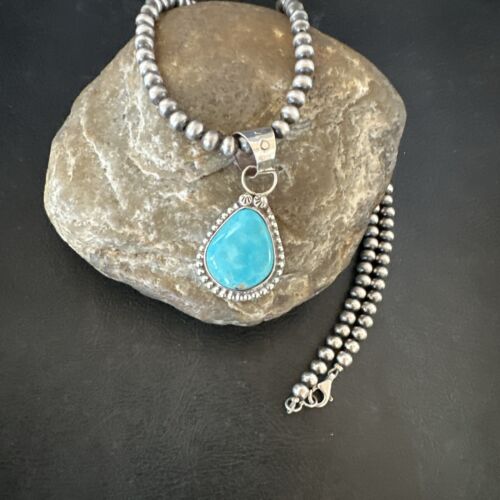 Navajo Pearls Kingman Turquoise Pendant Necklace | Sterling Silver | Native American Handmade | 17135