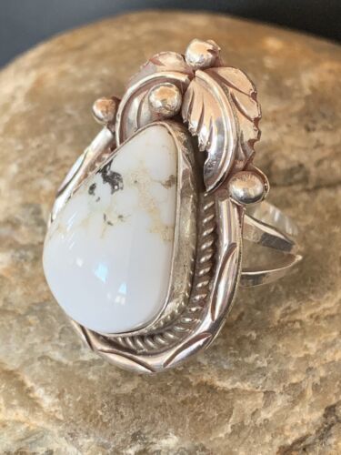 Navajo White Buffalo Turquoise Ring | Sterling Silver | Sz 9 | Authentic Native American Handmade | 00685