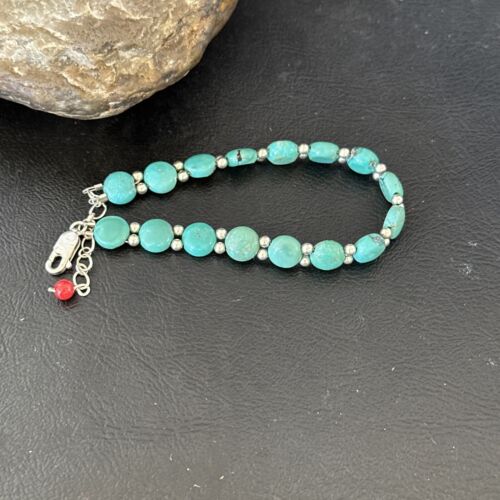 Navajo Blue Turquoise Bead Bracelet | Sterling Silver Link | 8" | Authentic Native American Jewelry | 17235