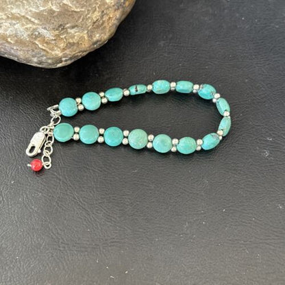 Navajo Blue Turquoise Bead Bracelet | Sterling Silver Link | 8" | Authentic Native American Jewelry | 17235