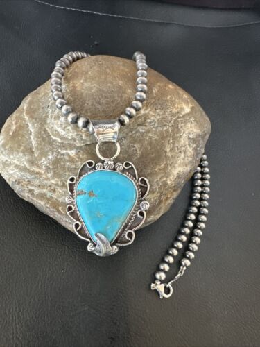 Navajo Blue Turquoise Pendant Necklace | Sterling Silver Pearls | Authentic Native American Handmade | 15638