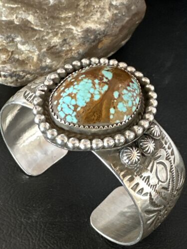 Navajo Men's Blue #8 Turquoise Cuff Bracelet | Sterling Silver | Authentic Native American Handmade | 15856