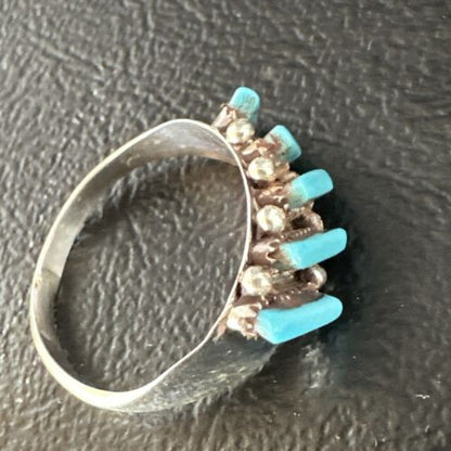 Zuni Blue Turquoise Needle Point Ring | Authentic Native American Sterling Silver | Multi-Stone | Sz 7 | 15397