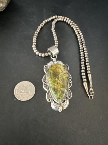 Navajo Green Turquoise Pendant Necklace | Sterling Silver Beads | Authentic Native American Handmade | 14852