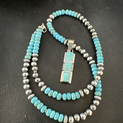 Turquoise #8 Inlay Pendant Necklace | Navajo Sterling Silver | Authentic Native American Handmade | 17073