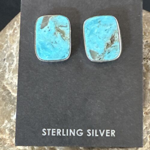 Navajo Blue Kingman Turquoise Post Stud Earrings | Sterling Silver | Authentic Native American Handmade | 17410