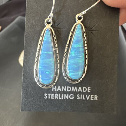 New Blue Opal Inlay Dangle Earrings | Sterling Silver | Authentic Native American Handmade | 16548