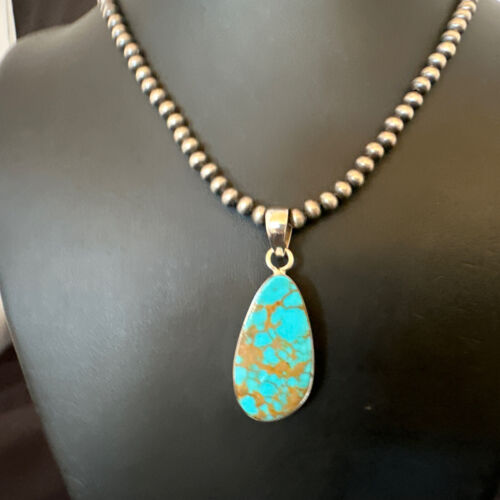 Navajo Blue Kingman Turquoise Pendant Necklace | Sterling Silver Pearls | 20" | Authentic Native American Handmade | 16673