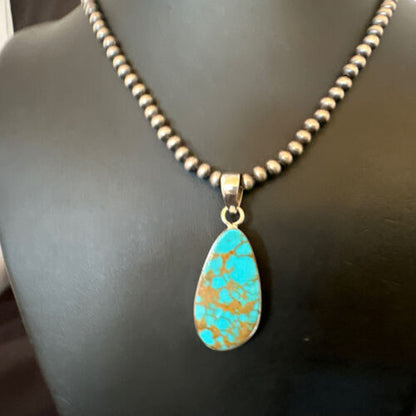 Navajo Blue Kingman Turquoise Pendant Necklace | Sterling Silver Pearls | 20" | Authentic Native American Handmade | 16673