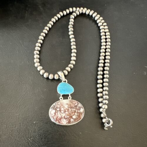 Navajo Wild Horse Blue Kingman Turquoise Necklace | Sterling Silver | Authentic Native American Handmade | 17340