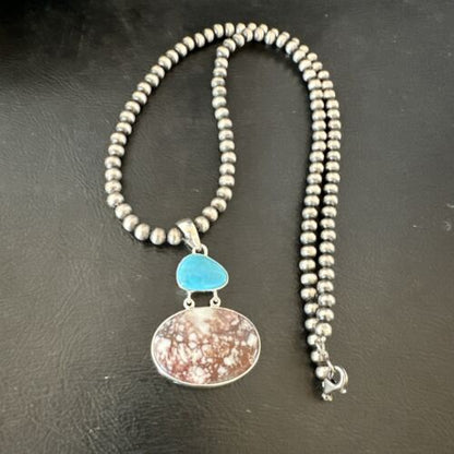 Navajo Wild Horse Blue Kingman Turquoise Necklace | Sterling Silver | Authentic Native American Handmade | 17340