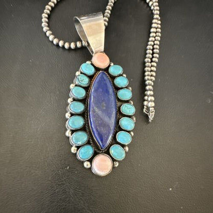 Navajo Multi-Stone Necklace | Lapis, Pink, Blue Turquoise | Sterling Silver | Authentic Native American Handmade | 17455