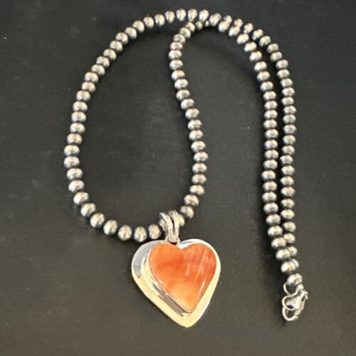 Navajo Orange Heart Spiny Oyster Pendant | Sterling Silver Necklace | Authentic Native American Handmade | 15015