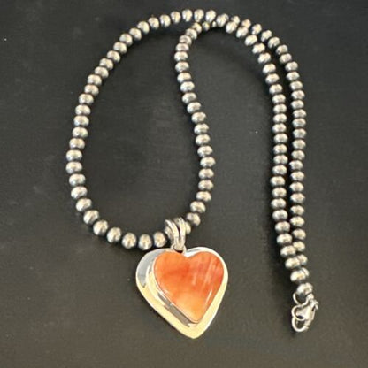 Navajo Orange Heart Spiny Oyster Pendant | Sterling Silver Necklace | Authentic Native American Handmade | 15015