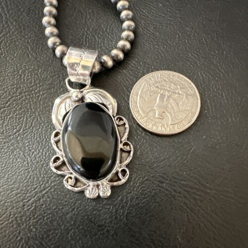 Navajo Pearls Black Onyx Necklace Pendant | Sterling Silver | Authentic Native American Handmade | 16524