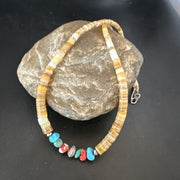 Authentic Native American Santo Domingo Shell Red Coral Blue Turquoise Onyx Necklace | 18" | 16946