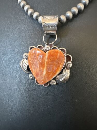 Navajo Orange Spiny Oyster Heart Pendant Necklace | Sterling Silver | Authentic Native American Handmade | 16425