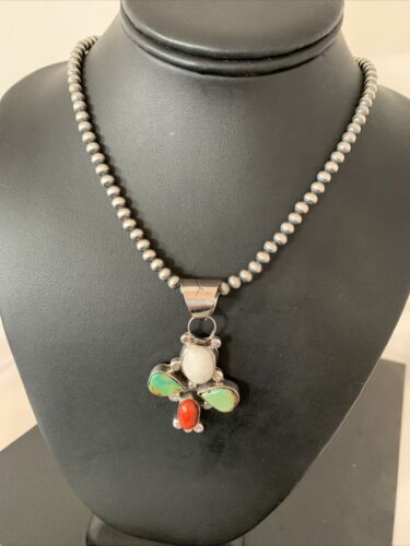 Navajo Turquoise & Coral Naja Pendant Necklace | Sterling Silver | Native American Handmade | 1477