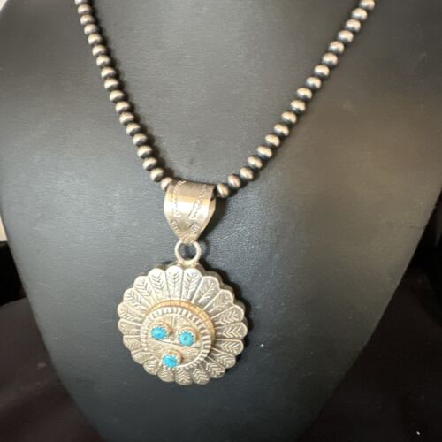 Navajo Sunface Blue Kingman Turquoise Pendant | Sterling Silver | 2.75" | Authentic Native American Handmade | 15209