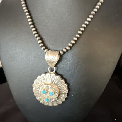 Navajo Sunface Blue Kingman Turquoise Pendant | Sterling Silver | 2.75" | Authentic Native American Handmade | 15209