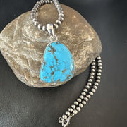 Navajo Blue Kingman Turquoise Pendant with Pearls | Sterling Silver Necklace | 20" | 17008