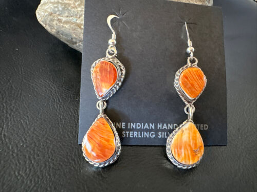 Navajo Orange Spiny Oyster Dangle Earrings | Sterling Silver | 1.5" | Authentic Native American Handmade | 16573