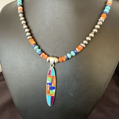 Navajo Spiny Oyster Turquoise Inlay Pendant Necklace | Sterling Silver | 21" | Authentic Native American Handmade | 16925