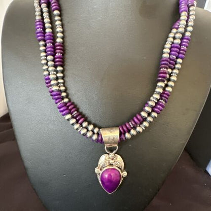 Navajo Sugilite Bead Necklace Set | 3 Strands | Sterling Silver | 21" | Authentic Native American Handmade | 16792